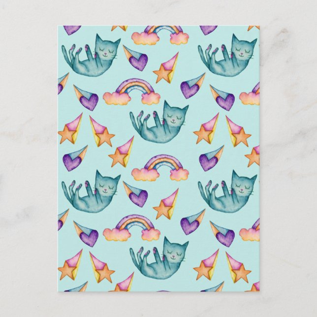 Dreamy Cat Floating in the Sky Watercolor Pattern Postcard (Front)
