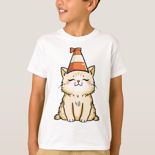 Dreamy Cat with Traffic Cone Hat T-Shirt (Front)