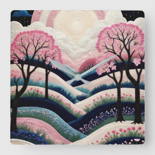 Dreamy Cherry Blossom Valley – Pastel Pink Blue Square Wall Clock