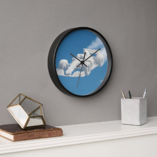 Dreamy cloud racer, surreal F1 sky art round black Clock