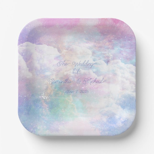 Dreamy Clouds and Stars Wedding Paper Plate (Front)