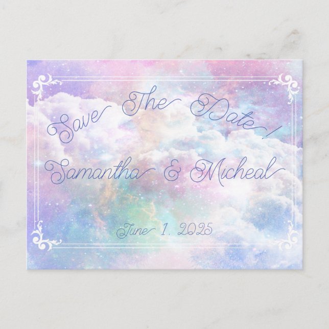 Dreamy Clouds and Stars Wedding Save The Date! Postcard (Front)