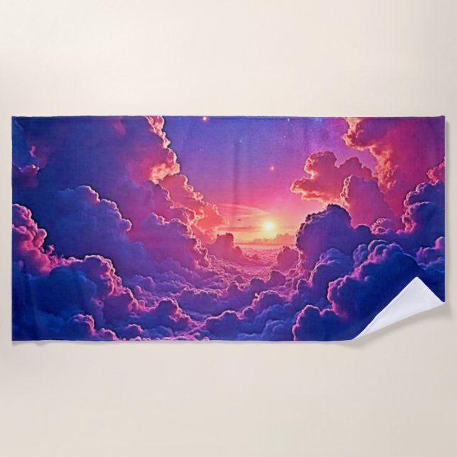 Dreamy Clouds: Celestial Sunset Magic Art Beach Towel (Front)