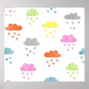 Dreamy Clouds: Watercolor Heart Rain Poster