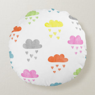 Dreamy Clouds: Watercolor Heart Rain Round Cushion