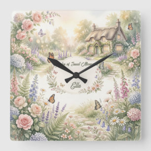 Dreamy Cottagecore Watercolor Florals Customised Square Wall Clock