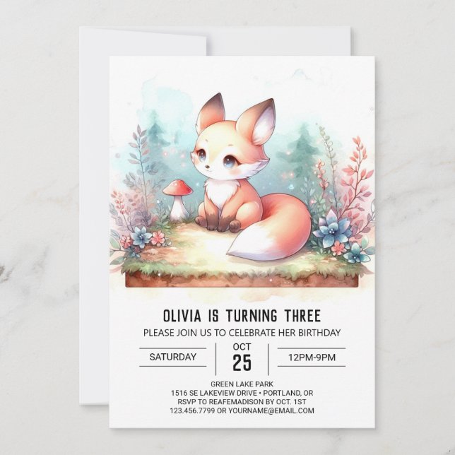 Dreamy Custom Fox Birthday digital Invitation (Front)