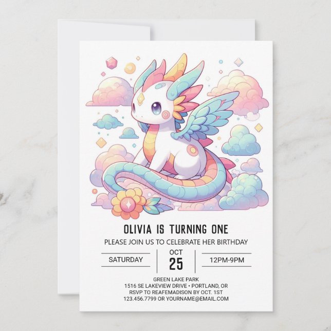 Dreamy Cute Dragon 1st Birthday Invitation (Front)