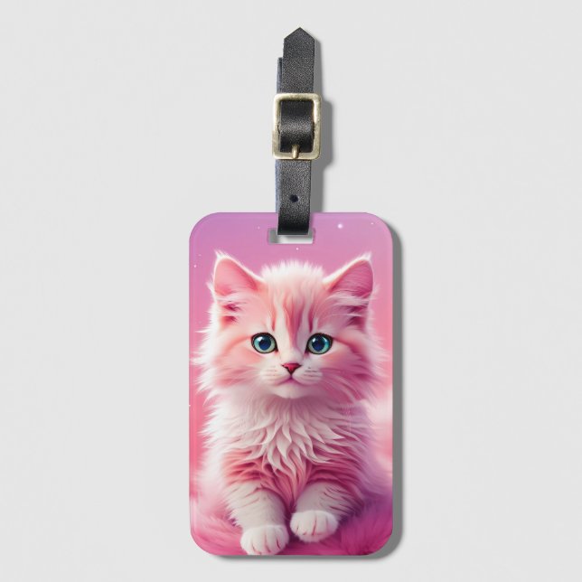 Dreamy Cute Fluffy Pink Kitty Cat Luggage Tag (Front Vertical)
