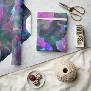 Dreamy Cyber Pond of Lotus and Koi Wrapping Paper