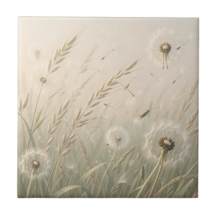 Dreamy Dandelion Seeds Blowing Wind Soft Neutral Ceramic Tile