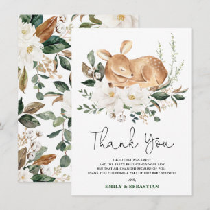 Dreamy Deer White Floral Greenery Wreath Baby Thank You Card