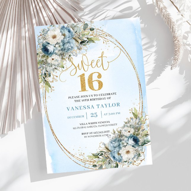 Dreamy Dusty Blue Greenery Sweet 16th Birthday  Invitation (Dreamy Dusty Blue Greenery Sweet 16th Birthday Invite)