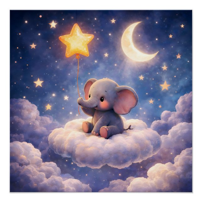 Dreamy elephant and midnight stars square semi Gla Poster (Front)