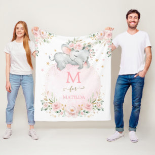 Dreamy Elephant Blush Pink Gold Floral Monogram Fleece Blanket