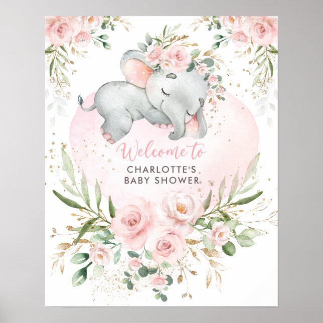 Dreamy Elephant Pink Blush Floral Baby Welcome Poster (Front)
