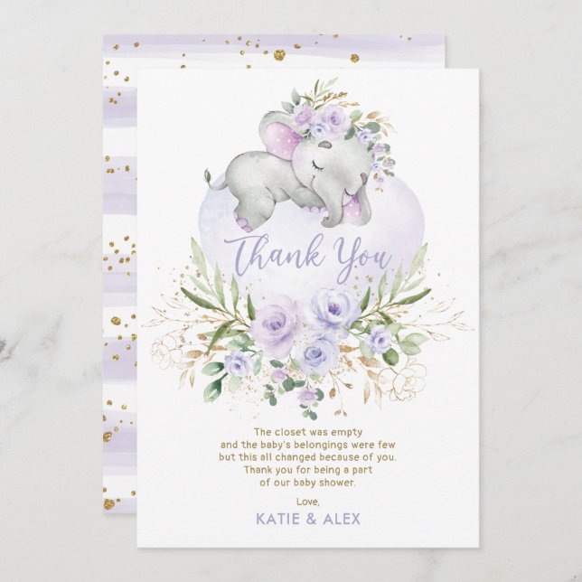 Dreamy Elephant Purple Gold Floral Baby Shower Tha Thank You Card (Front/Back)