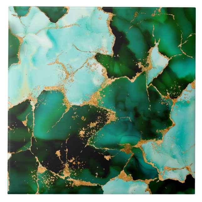 Dreamy Emerald inks and Gold Ceramic Tile (Front)