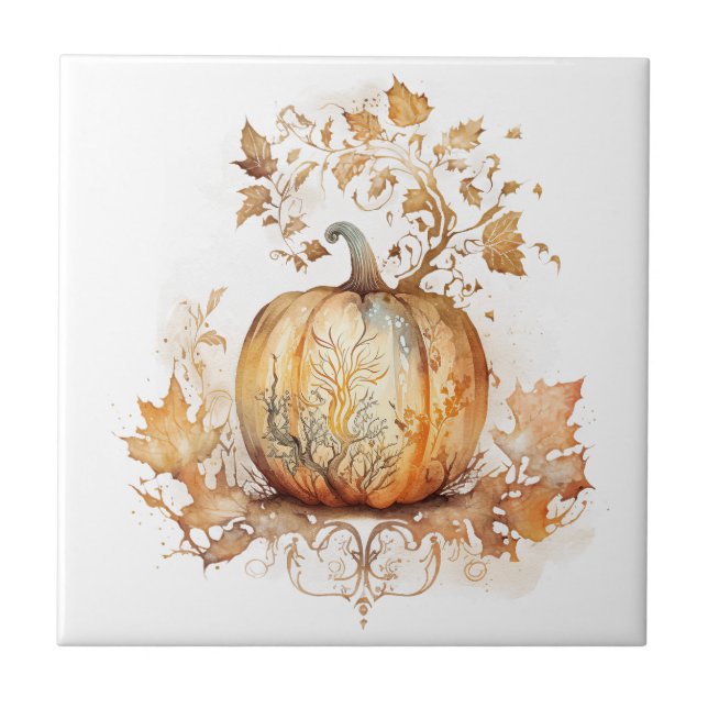 Dreamy fall decoration with pumpkin and leaves  ceramic tile (Front)