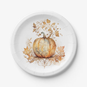 Dreamy fall decoration with pumpkin and leaves  paper plate