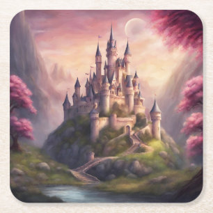 Dreamy Fantasy Castle Artwork Square Paper Coaster
