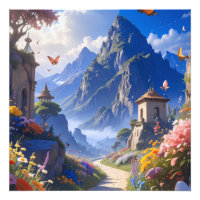 Dreamy Fantasy Landscape Tapestry – Mountains & Bl