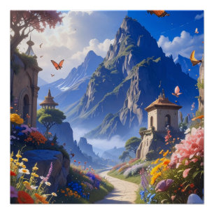 Dreamy Fantasy Landscape Tapestry – Mountains & Bl Poster