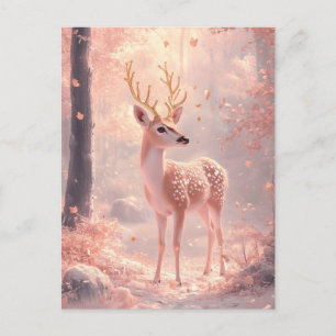 Dreamy Fawn in Pink Autumn Woods Holiday Postcard