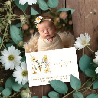 Dreamy Floral M Initial Gold Glitter Newborn Announcement
