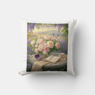 Dreamy Floral sanctuary bathed golden hour light Cushion