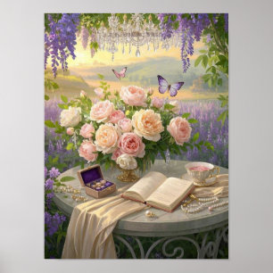 Dreamy Floral sanctuary bathed golden hour light Poster