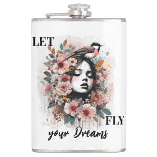 Dreamy Floral Woman with Bird and Inspirational Hip Flask