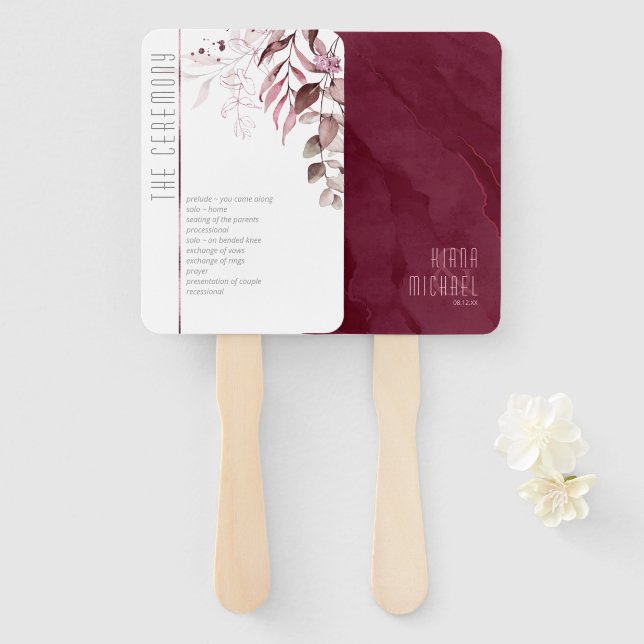 Dreamy Foliage Wedding Ceremony Burgundy ID817 Hand Fan (Front and Back)