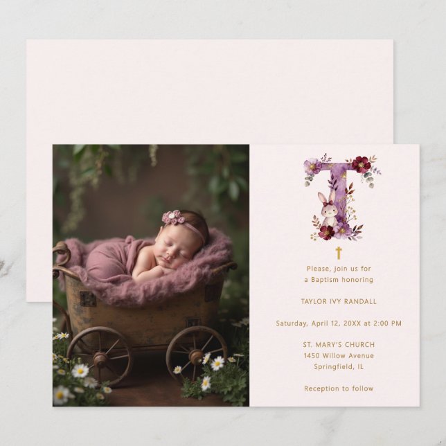 Dreamy Funny Bunny Romantic Floral T Baptism Invitation (Front/Back)
