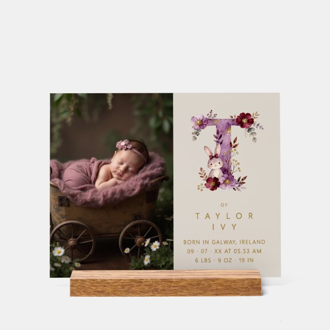 Dreamy Funny Bunny Romantic Floral T Initial Acrylic Sign (Front)