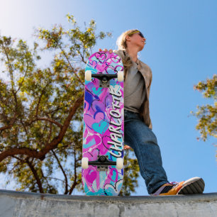 Dreamy Fusion: Blue & Pink Graffiti Hearts Skateboard