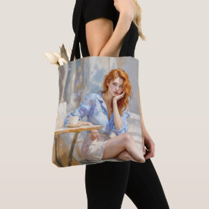 Dreamy gentle red haired woman in soft colours tote bag