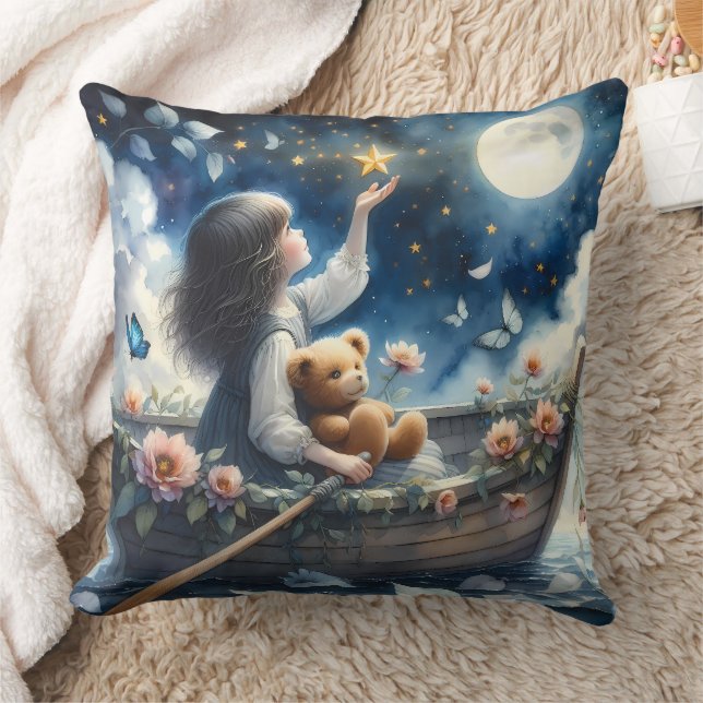 Dreamy Girl Rowing Boat Moonlit Fantasy Scene Cushion (Blanket)
