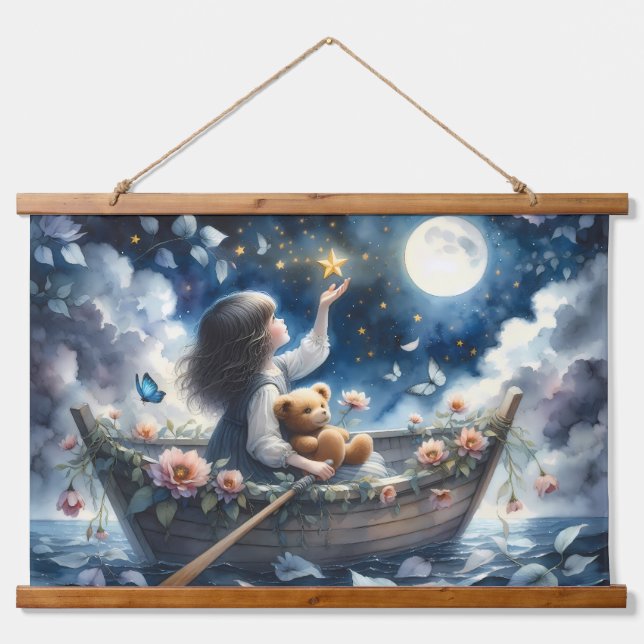 Dreamy Girl Rowing Boat Moonlit Fantasy Scene Hanging Tapestry (Front)
