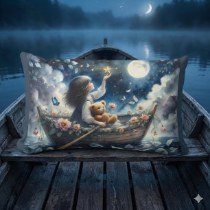 Dreamy Girl Rowing Boat Moonlit Fantasy Scene Lumbar Cushion