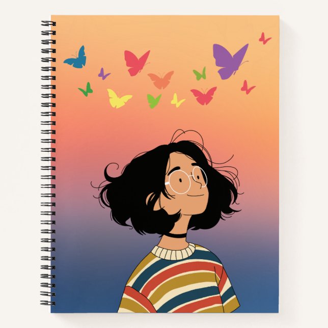 Dreamy Girl with Butterflies – Colourful Notebook  (Front)