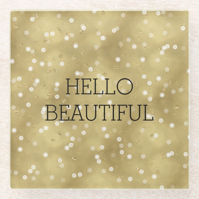 Dreamy Gold Bokeh Confetti Glass Coaster (Front)