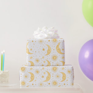 Dreamy Golden Sun Moon Stars Celestial Wrapping Paper