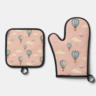 Dreamy Hot Air Balloon Sky Pattern Oven Mitt & Pot Holder Set