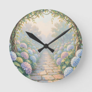 Dreamy Hydrangea Garden Arch Stone Path Cottage Round Clock
