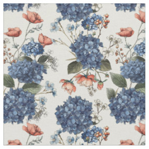 Dreamy Hydrangea Royal Blue with red poppy Flower Fabric