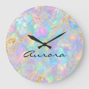 Dreamy Iridescent Opal Marble Shimmering Gold Foil Large Clock