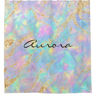 Dreamy Iridescent Opal Marble Shimmering Gold Foil Shower Curtain