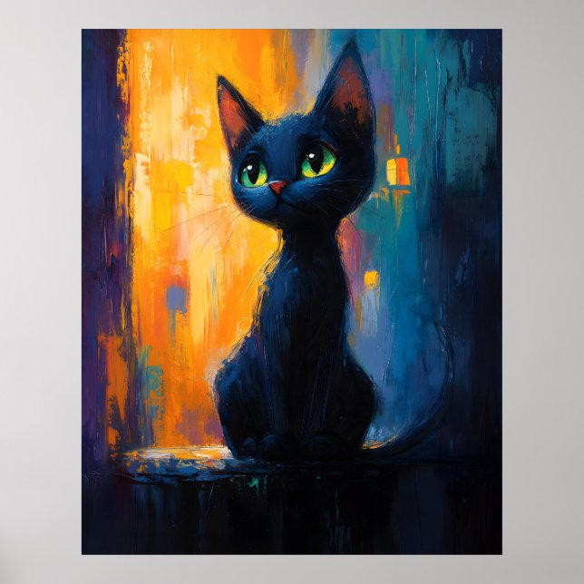 Dreamy Kitten, Black Cat Painting Poster (Front)