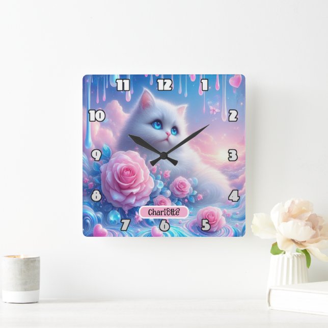 Dreamy Kitten: Pink Roses, Blue Eyes Square Wall Clock (Home)